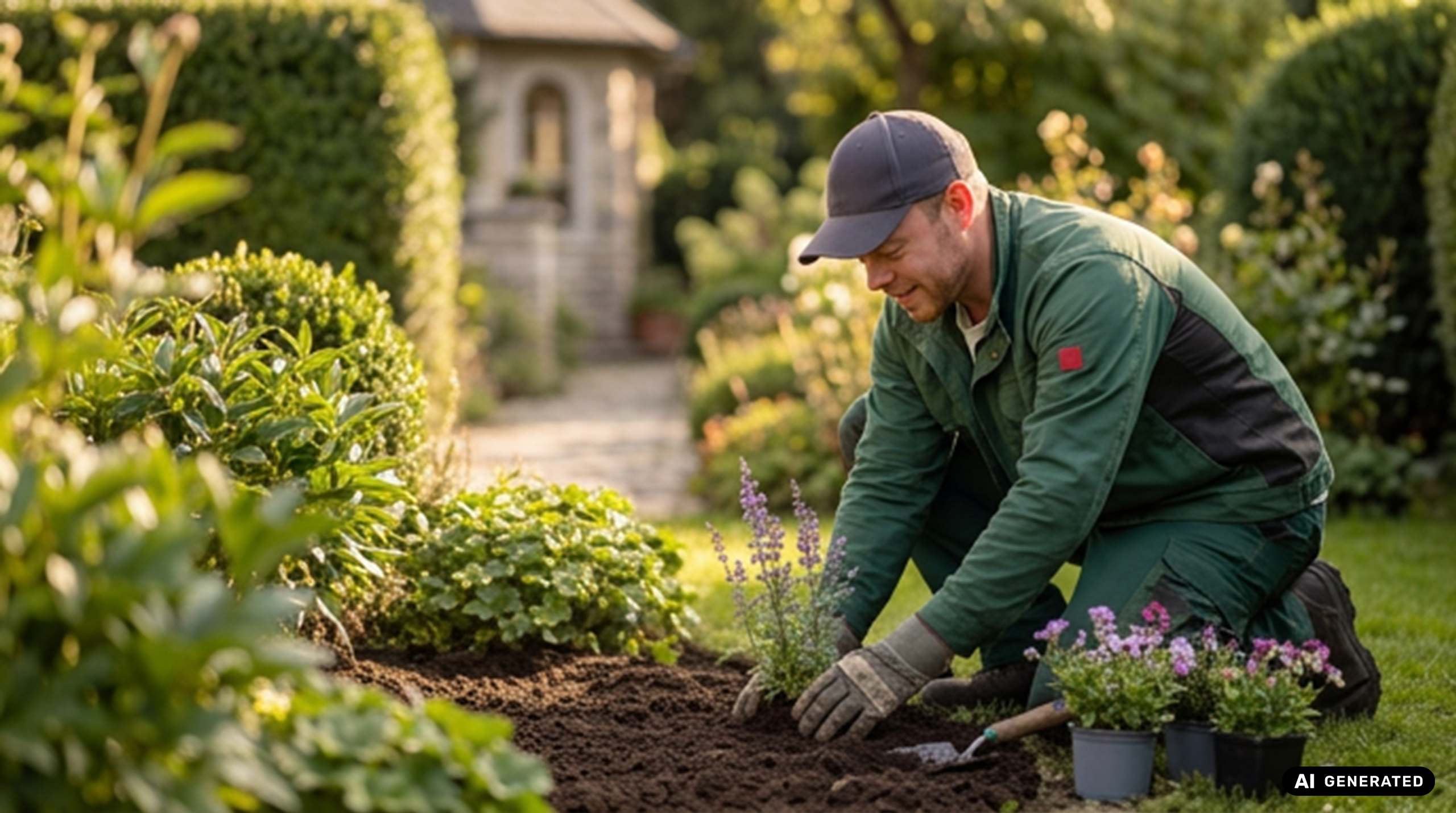 Grünanlagenpflege und Bepflanzung Mitarbeiter pflanzt Blumen in einem gepflegten Beet