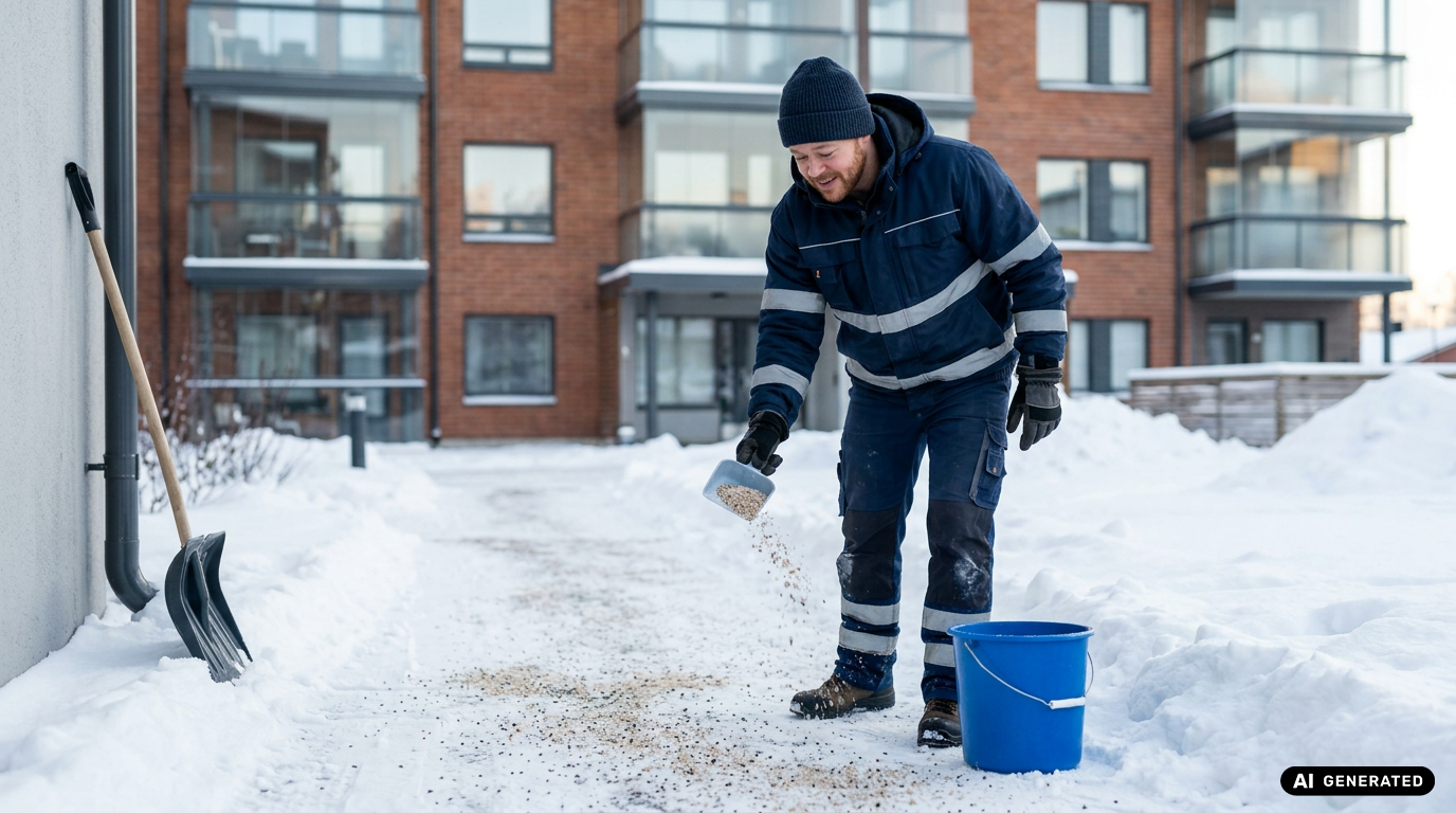 Winterdienst und Schneeräumung Mitarbeiter von Hausmeisterservice Kulper beim winterlichen Streudienst vor einem Mehrfamilienhaus